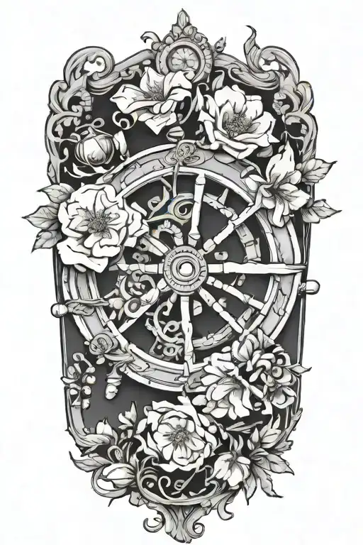 Help me come up with a fine delicate feminine detail of a ships wheel with birth flowers from November July January Apri tattoo design idea