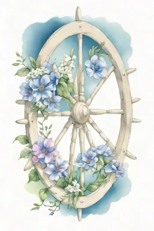 Help me come up with a fine delicate feminine detail of a ships wheel with birth flowers from November July January Apri tattoo design idea