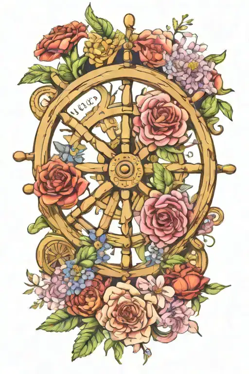 ships wheel nautical feminine with birth flowers From November July January and April having authentic color tattoo design idea