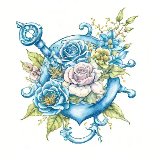 Birth Flowers November, July, January, April on a ship anchor feminine bright color  tattoo design idea