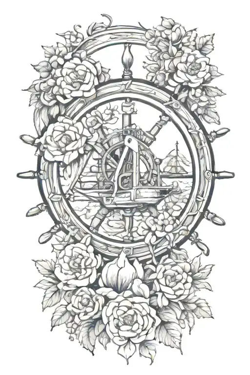 Help me come up with a fine delicate feminine detail of a ships wheel with birth flowers from November July January Apri tattoo design idea
