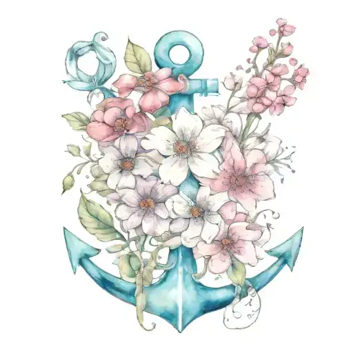 Birth Flowers November, July, January, April on a ship anchor feminine bright color tattoo design idea