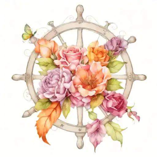 Birth Flowers November, July, January, April on a ships wheel feminine bright color with Anchor tattoo design idea