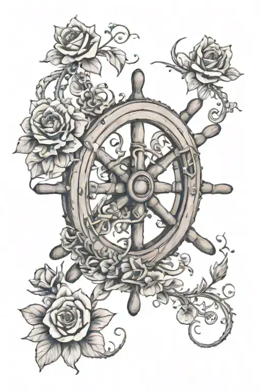 ships wheel at top with flowers and vines cascading down from it  tattoo design idea