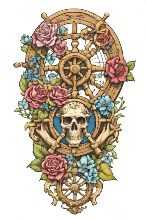 ships wheel nautical feminine with birth flowers From November July January and April having authentic color tattoo design idea