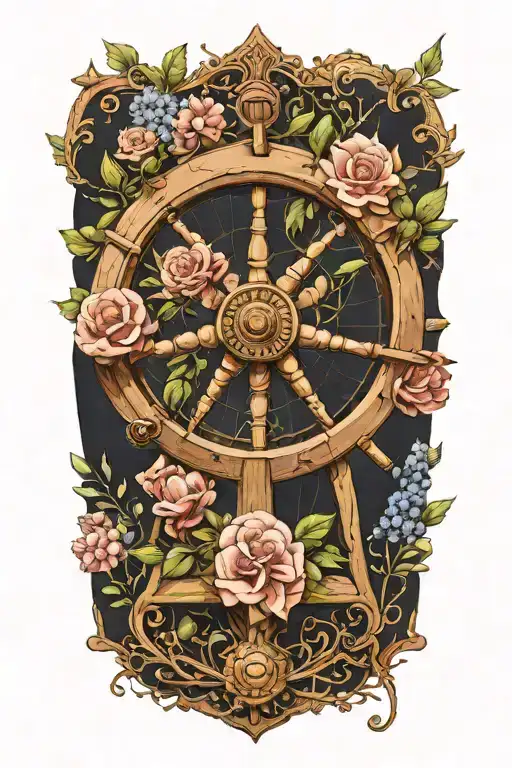 Help me come up with a fine delicate feminine detail of a ships wheel with birth flowers from November July January Apri tattoo design idea