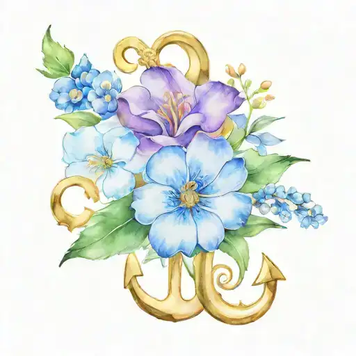 Birth Flowers November, July, January, April on a anchor feminine bright color  tattoo design idea