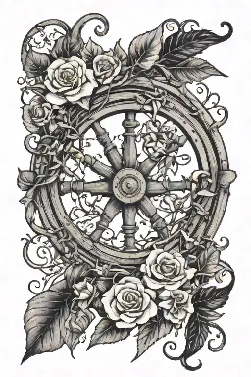 ships wheel with flowers and vines. have the vines form a heart  tattoo design idea