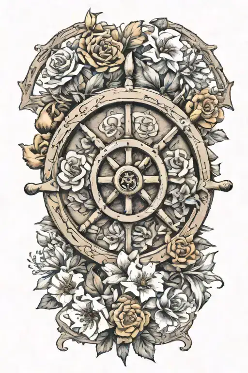 ships wheel nautical feminine with birth flowers From November July January and April having authentic color tattoo design idea
