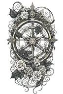 ships wheel at top with flowers and vines cascading down from it  tattoo design idea