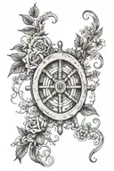 ships wheel at top with flowers and vines cascading down from it  tattoo design idea