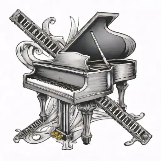 A piano key with billiard cues intertwined around it tattoo design idea