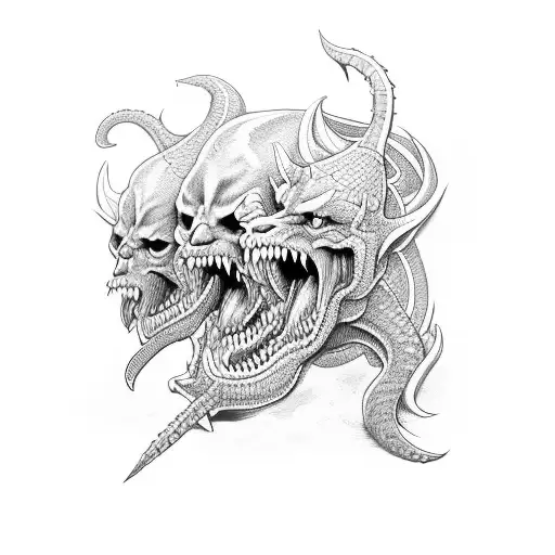 three headed hydra with devil dogs for heads wrapped around an  tattoo design idea
