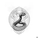 Snake, army badge in mounth, b/w, line, chest tatoo tattoo design idea