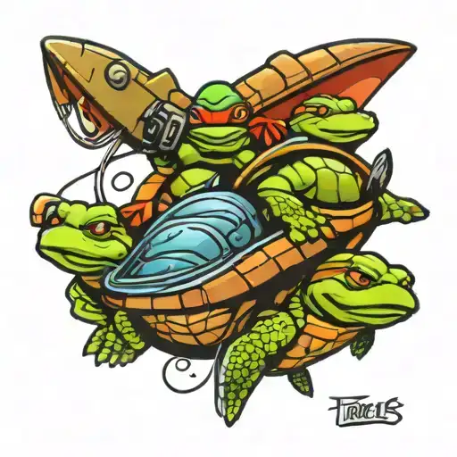 fishing lure and ninja turtles font tattoo design idea