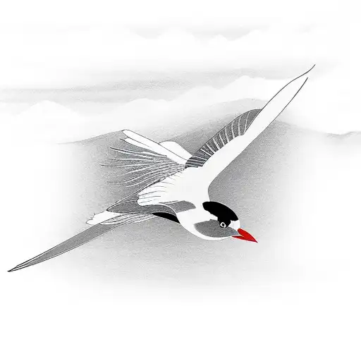 A minimalist Japanese painting of a bird in flight over a mountain range tattoo design idea