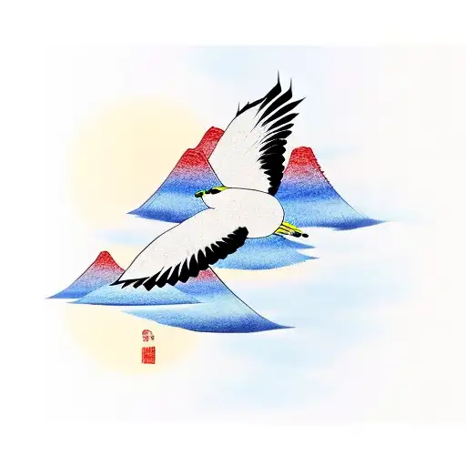 A minimalist Japanese painting of a bird in flight over a mountain range tattoo design idea