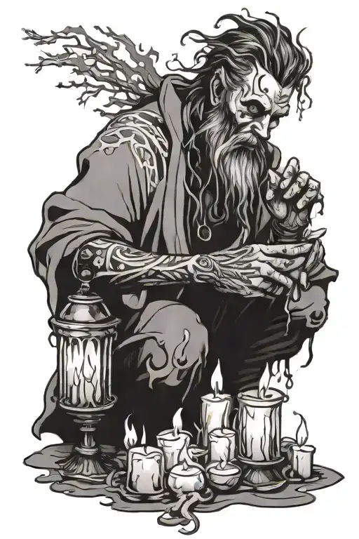 on the bottom some burning out candles. a druid withe some smoke around him.  tattoo design idea