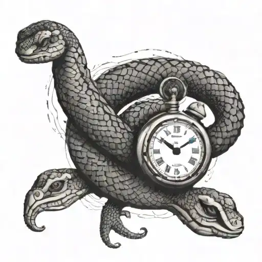 A snake coiled around a clock with intricate dotwork details tattoo design idea