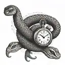A snake coiled around a clock with intricate dotwork details tattoo design idea