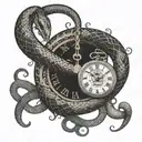 A snake coiled around a clock with intricate dotwork details tattoo design idea