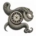 A snake coiled around a clock with intricate dotwork details tattoo design idea