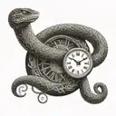 A snake coiled around a clock with intricate dotwork details tattoo design idea