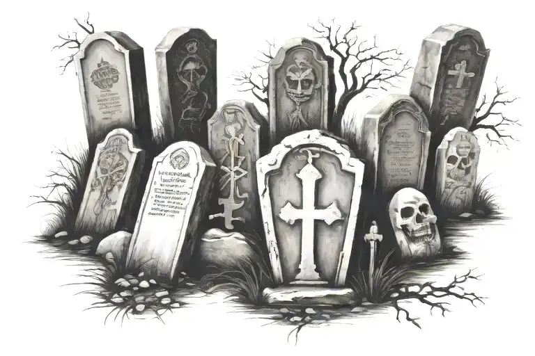 Seven headstones on a hillside each representing a different deadly sin tattoo design idea