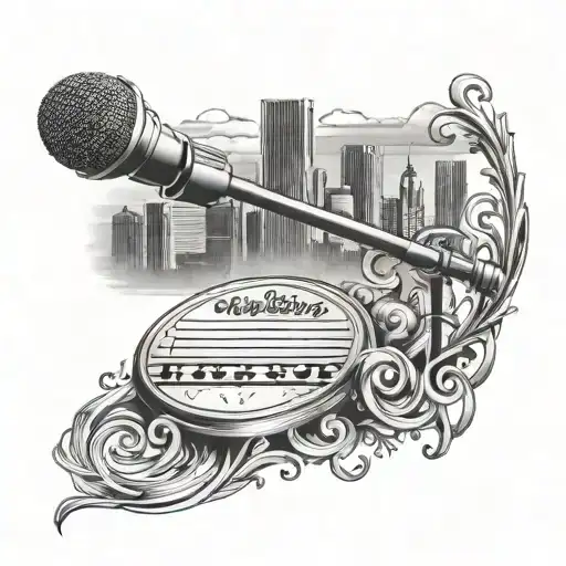 Create a tattoo of the Pittsburgh skyline with a microphone and musical notes intertwined tattoo design idea