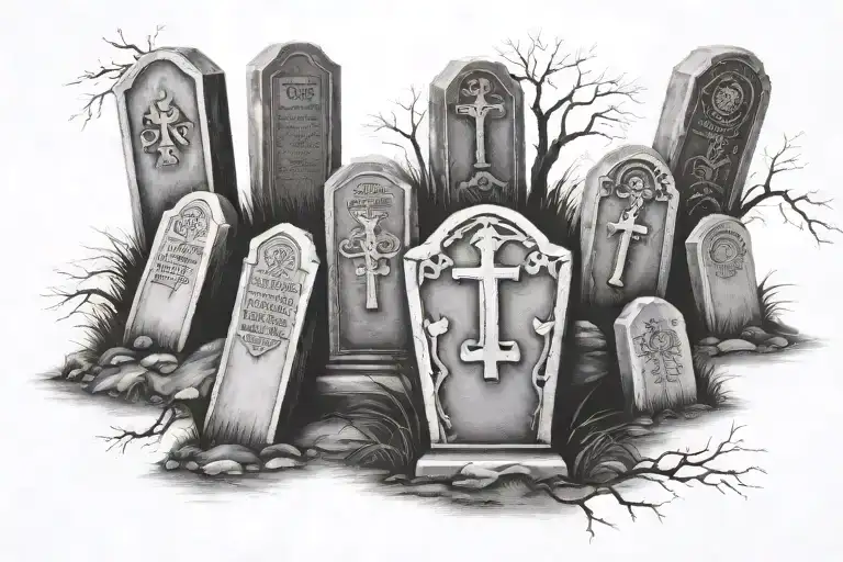 Seven headstones on a hillside each representing a different deadly sin tattoo design idea