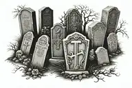 Seven headstones on a hillside each representing a different deadly sin tattoo design idea