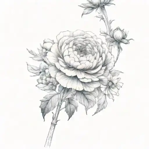 ranunculus, snapdragon, eucalyptus, blue thistle, Italian ruscus, chamomile, wax flowers tattoo design idea