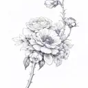 ranunculus, snapdragon, eucalyptus, blue thistle, Italian ruscus, chamomile, wax flowers tattoo design idea