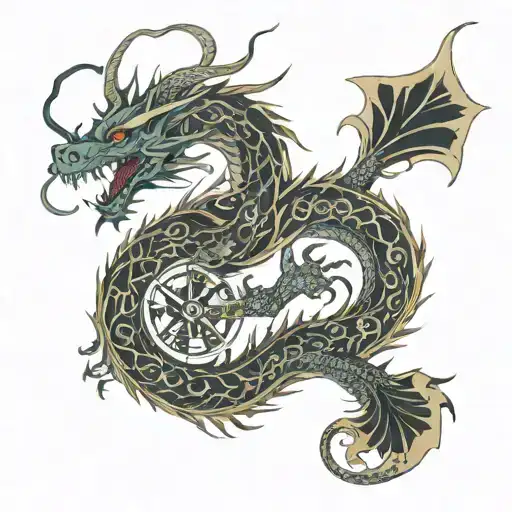 fine line feminie dragon with europe symbols incorporated tattoo design idea