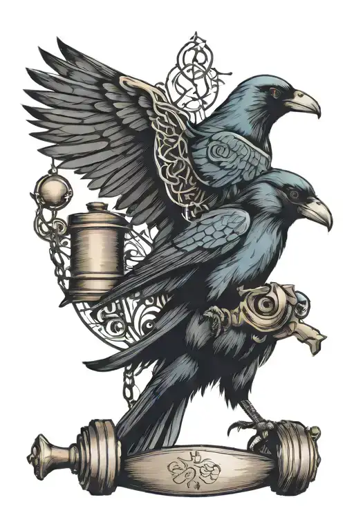 A traditional style tattoo of a crow and bluejay intertwined with legal symbols like a gavel and scales, embodying the attorney's dedication to justice tattoo design idea