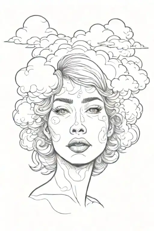 woman head in clouds sad face tattoo design idea