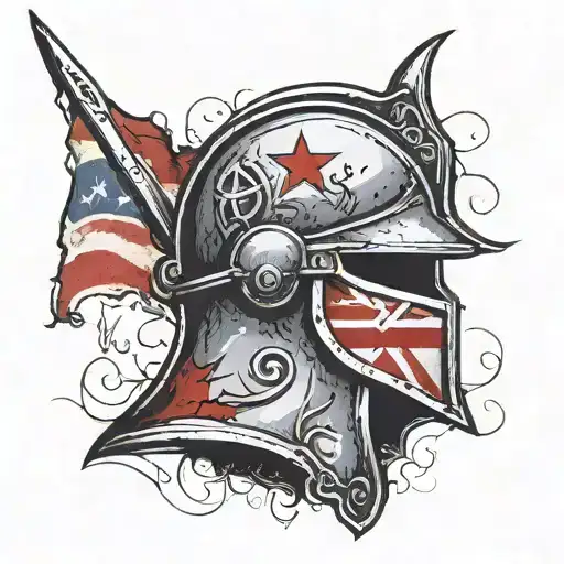 Roman helmet with tattered flag in the background and the writing "fortis fortuna adiuvant" tattoo design idea