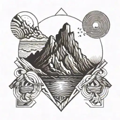 mountain with waterfall  and sun shining l tattoo design idea