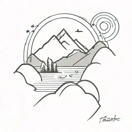 mountain with lake and sun shining light tattoo design idea