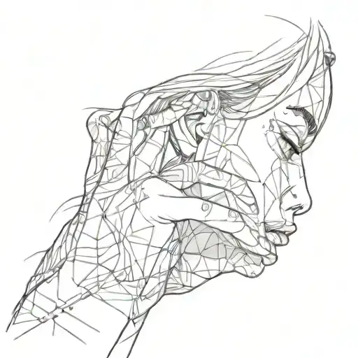 Sketch of a young girl standing from the side. A hand reaches out acorss from her and touches her face tattoo design idea