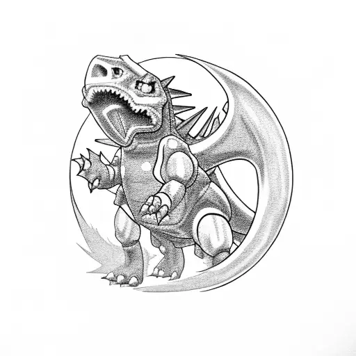 Agumon in front spitting fireball and WarGreymon behind back looking to the left tattoo design idea