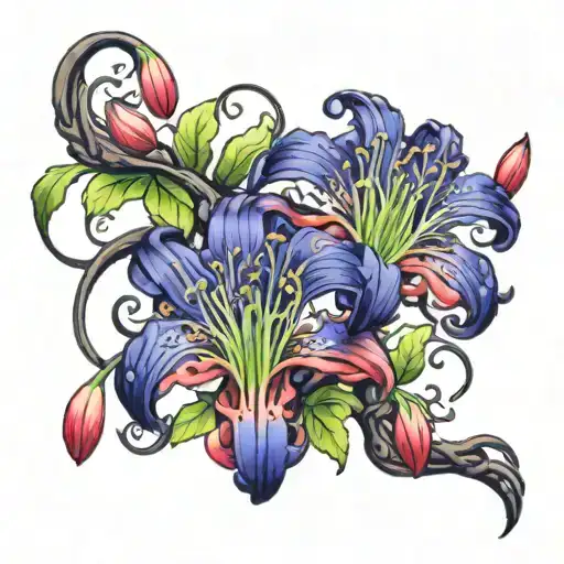 a duo of Lycoris radiata flowers blooming from wisp vine with vibrant colors  tattoo design idea