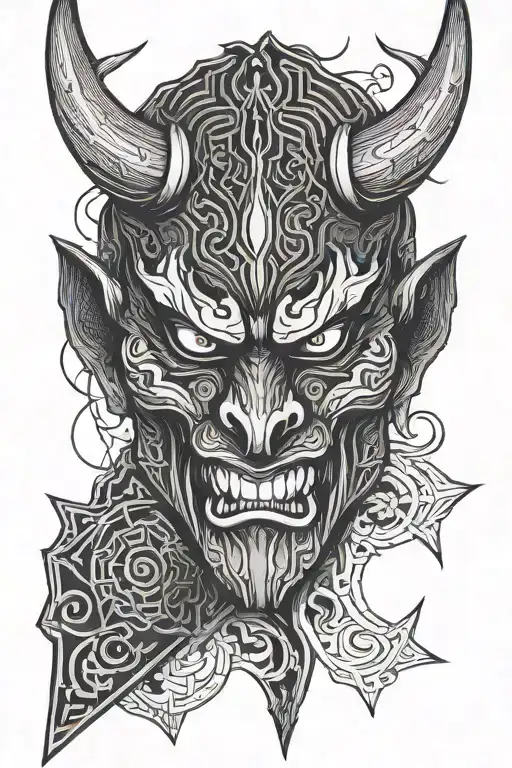 demon Oni Mask with katana tattoo design idea