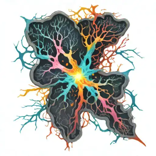 An abstract representation of neurons firing in a colorful and dynamic way, inspired by the client's occupation as a neurologist tattoo design idea