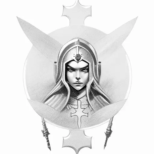 female knight with crosswind and templar cross tattoo design idea