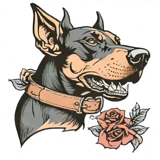 dog doberman , revolver , rose, strype tattoo design idea