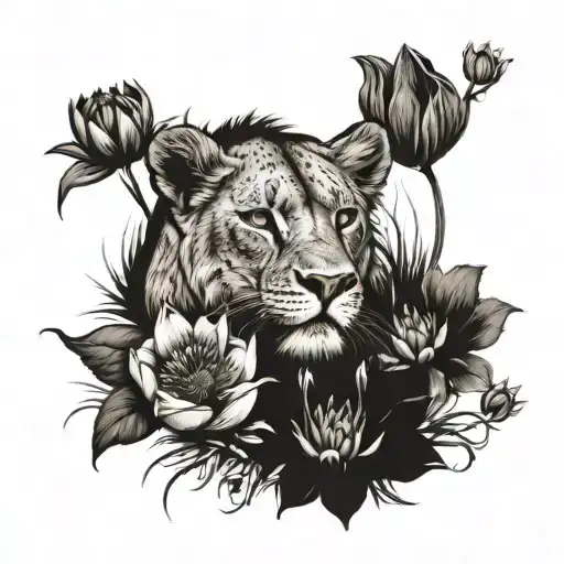 A lioness surrounded by a field of July birth flowers (larkspur and water lily) to represent your Leo zodiac sign and essence, in black-grey style tattoo design idea
