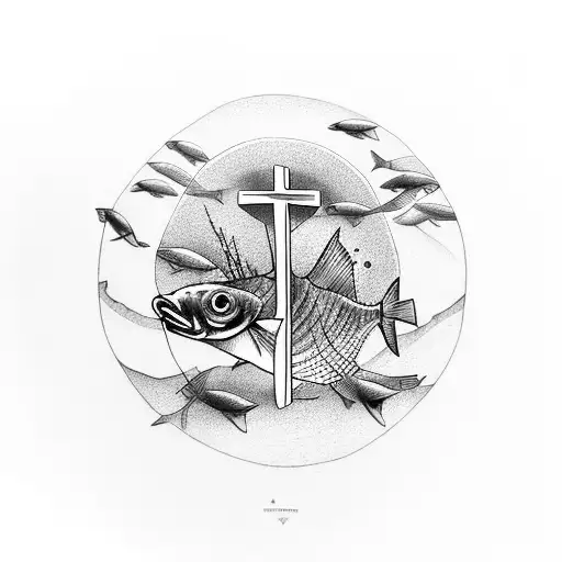 A cross made of fish swimming in a circle tattoo design idea