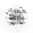 A cross made of fish swimming in a circle tattoo design idea