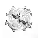 A cross made of fish swimming in a circle tattoo design idea